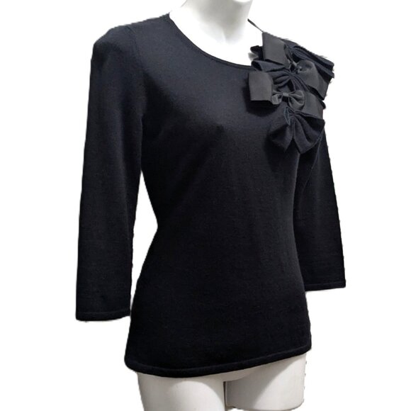 Saks Fifth Ave Cashmere Silk Sweater Womens Small Black with Bows Rosette - Picture 6 of 16